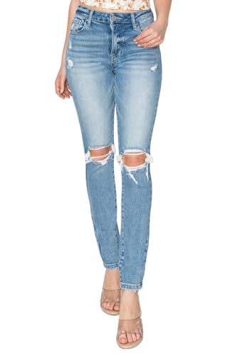 Risen Women's High Rise Knee Distressed Skinny Jeans (US, Waist, 28, Regular, Light)