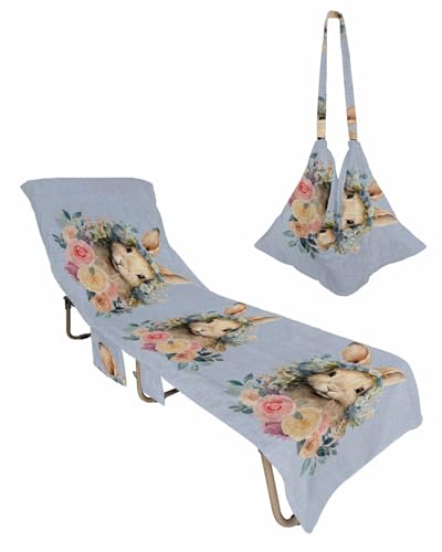 Blue Bunny Easter Beach Lounge Chair Towel Cover, Soft Chaise Lounge Towel with Side Pockets Patio Pool Chairs Cover for Beach/Pool Sunbathing 29x85 Spring Floral Blue Pink Botanical Rustic