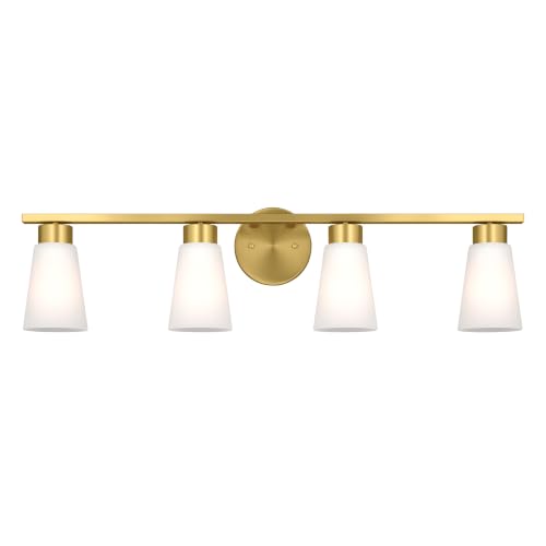 Image of Kichler Stamos 31.25 inch 4-Light Soft Modern Vanity Light with Satin Etched Glass in Brushed Gold, (8.25 inch H x 31.2 5 inch W), 55122BG