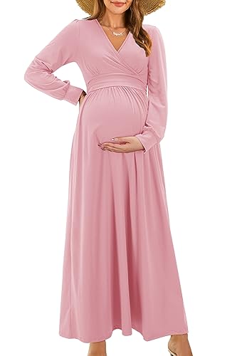 OUGES Umstands-Maxikleider, langärmelig, Wickel-V-Ausschnitt, Babypartykleid, Umstandskleidung (Rosa, Größe L), Pink