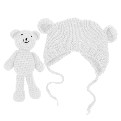 1 Set Newborn Beanie: Baby Beanie with Bear Doll - Cute Knitting Hat Breathable & Warm for Winter Fall Boys Girls - Bear Doll Hat Set for Photography White