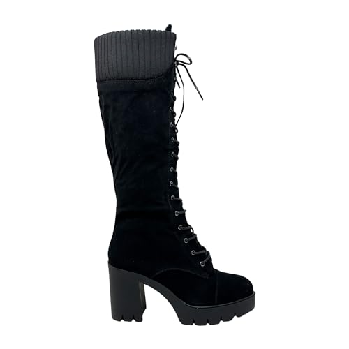 Generation Y Women's Knee High Combat Boots Lace Up Chunky Heel Knitted Cuff Zipper Closure2