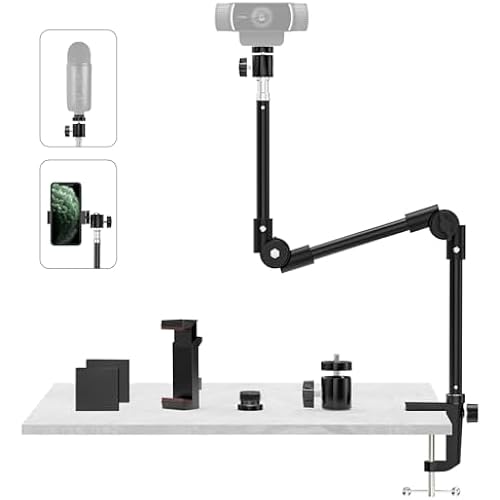 Webcam Stand Camera Desk Mount with Phone Holder & 5/8" Screw - 22" Flexible Projector Stand Gooseneck Desk Mic Stand for Logitech C922 C930e C920 C615 C960 Brio 4K, GoPro, Blue Yeti Snowball Ice