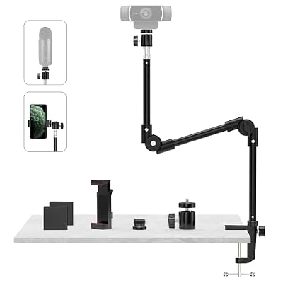 Webcam Stand Camera Desk Mount with Phone Holder & 5/8" Screw - 22" Flexible Projector Stand Gooseneck Desk Mic Stand for Logitech C922 C930e C920 C615 C960 Brio 4K, GoPro, Blue Yeti Snowball Ice