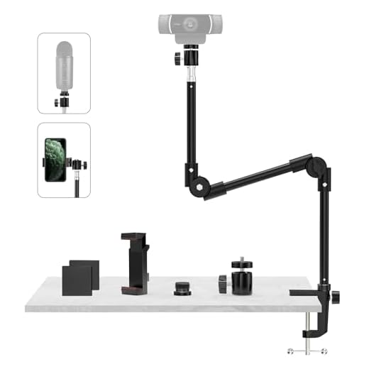 Webcam Stand Camera Mount with Phone Holder & 5/8"Screw, 25in Flexible Projector Stand Gooseneck Desk Mic Stand for Logitech C922 C930e C920 C925e C615 C960 Brio 4K, GoPro Hero, Blue Yeti Snowball Ice