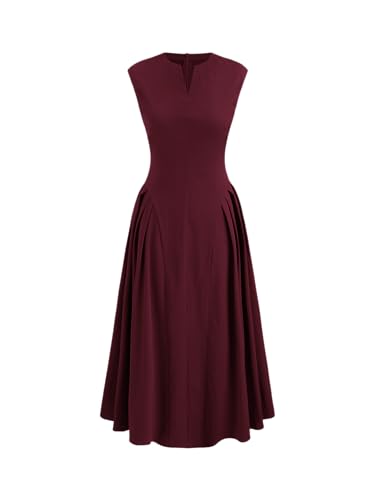 CIDER Maxi Dress for Women Sleeveless High Waist Solid Pleated V Neck Vacation Elegant Party Evening Dresses Burgundy