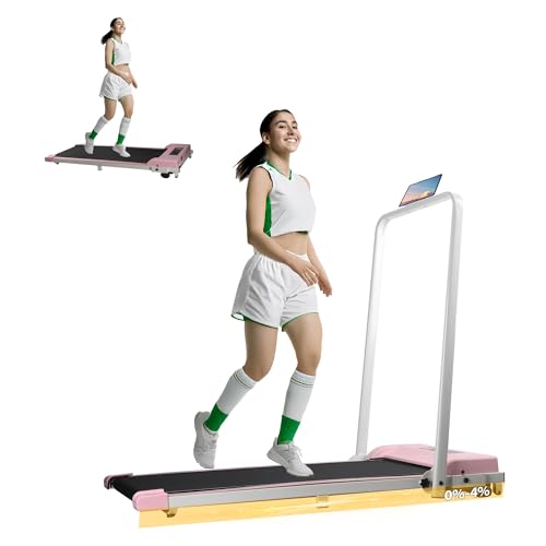 Under Desk Treadmill with Holder, Foldable with Bluetooth Speaker with App & Remote Control, LED Display Walking Machine for Home Office (Pink)