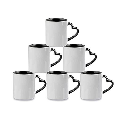 MR.R Sublimation Blank Dishwasher Ceramic Mug,Blank Coated Cup,Sublimation Blank Mugs,Classic Cup with Black Color Inner Mug and Heart Handle,11oz,Set of 6 pcs per Carton