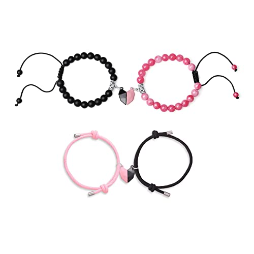 4 Pcs Long Distance Friendship Heart Matching Beaded Bracelets Set For Couples 2 Lovers Valentine's Day Engagement Wedding Gift Relationship Couple Beads Bracelet Adjustment For Women Men (Black&Pink-Matching Heart) #TOP19