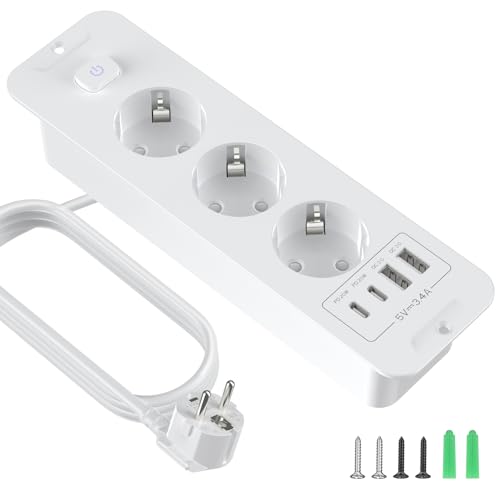 Extensão embutida com USB, 3 tomadas, com conectores USB-A e USB-C, 7 em 1, para mesa, entrada tripla com cabo de extensão de 2 m, para escritório, casa (branco)