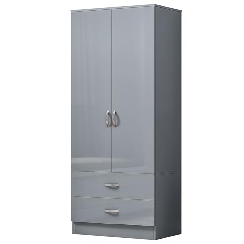 Nera Gloss 2 Door Wardrobe with Drawers 76cm Wide Wardrobe for Bedroom Shelves and Hanging Rail Soft Close Hinges Storage Cabinet (Grey Gloss (Matt Grey))