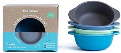 bobo&boo Bamboo Kids Snack Bowls, Set of 4 Bamboo Dishes, Non Toxic, Eco Friendly & Stackable Kids Snack Containers, Great Gift for Baby Showers, Birthdays & Preschool Graduations,Coastal
