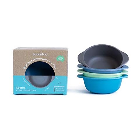 bobo&boo Bamboo Kids Snack Bowls, Set of 4 Bamboo Dishes, Non Toxic, Eco Friendly & Stackable Kids Snack Containers, Great Gift for Baby Showers, Birthdays & Preschool Graduations,Coastal Cover