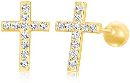 14k Gold Created Moissanite Cross Stud Earrings for Women, Real Gold Ball Screw Back Double Sided Earrings