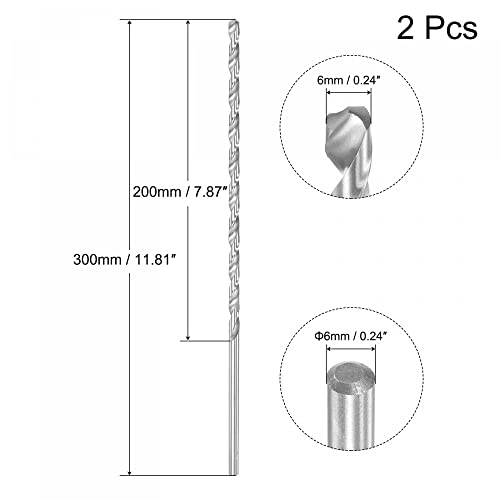 sourcing map HSS(High Speed Steel) Extra Long Twist Drill Bits, 6mm Drill Diameter 300mm Length for Hardened Metal Woodwork Plastic Aluminum Alloy 2 Pcs 2 sourcing map HSS(High Speed Steel) Extra Long Twist Drill Bits, 6mm Drill Diameter 300mm Length for Hardened Metal Woodwork Plastic Aluminum Alloy 2 Pcs - Image 2