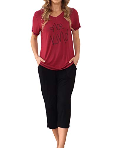 Ekouaer Women Pajama Set Sleepwear Tops with Capri Pants Casual and Fun Prints Plus Size Pajama Sets Wine Red