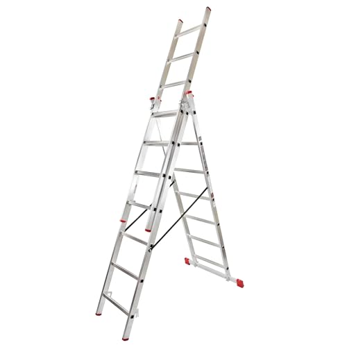 Hillagi 3x7 Mehrzweckleiter, Vielzweckleiter, 3x7 Sprossen, 3-teilige Alu-Kombileiter, bis 150 kg belastbar, max. Arbeitshöhe 4,3 m, Klappleiter, Multifunktionsleiter, Stehleiter, Silber/Rot