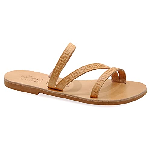 38 Beige Emmanuela Altgriechische handgefertigte flache Ledersandalen mit Mäander, Qualität Riemchen Sommerschuhen für Frauen, Offene Zehen Slide Sandalen, Boho Chic Sandalen