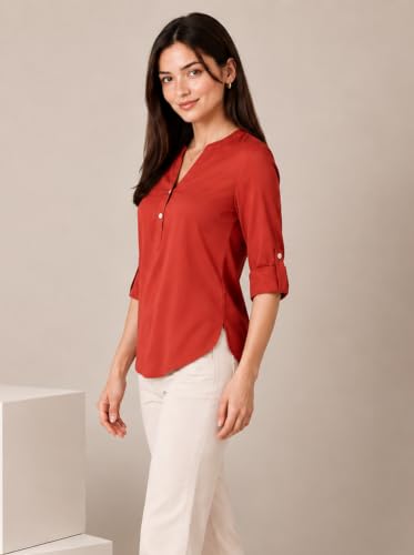 Image of FYLTR Women's Casual Roll -Up Sleeves Rayon V-Neck Top - Western Tops | Shirts for Women | Soft & Comfortable | Tops for Jeans