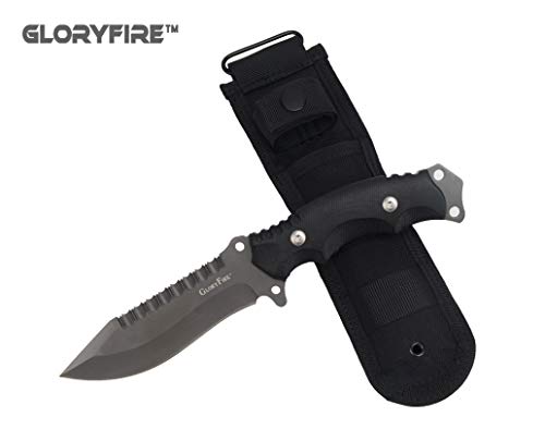 GLORYFIRE Tactical Hunting Knife Fixed Blade Serrated Edge AUS-8 Stainless Steel Blade Outdoor Survival Emergency Kit Full Tang Titanized Anti-Rust Processed Arc Hand Protected with Leather Sheath