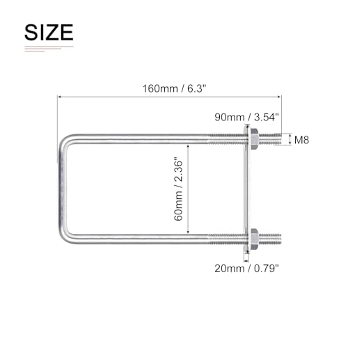 Image of DTGN M8x60x160mm(ThreadxWxL) Square U Bolt - 2Pack - Good for Trailer Pipe Replacement Parts - 304 Stainless Steel U Shape Bolts