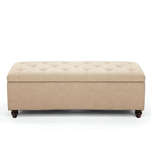 Image of Velvet Storage Ottoman Bench | Tufted Upholstered 2 Seater Bench with Hidden Storage | End of Bed Bench for Bedroom Living Room Entryway Seating | Modern Footrest Lounge Seat with Wooden Legs | Beige