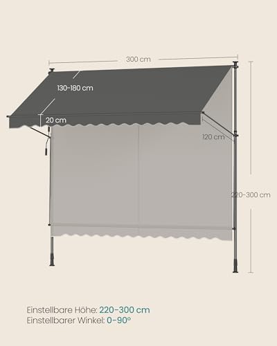 SONGMICS Klemmmarkise, Balkonmarkise, höhenverstellbar, mit Handkurbel, Sonnenschutz, für Balkon, Terrasse, Garten, 300 x 120 cm, anthrazit GSA302G02 5