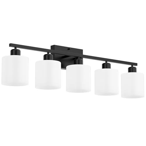 Image of Bathroom Black Lighting Fixtures Over Mirror, Anti-Rust 5-Light Bathroom Vanity Lights,Milky White Glass Shades