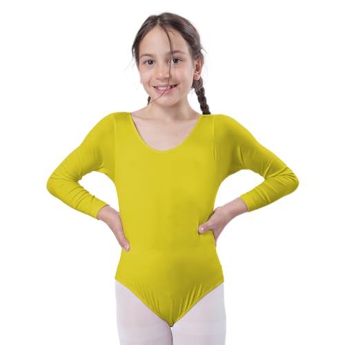 Maglia da balletto a maniche lunghe con collo rotondo, da bambina, per danza e ginnastica, giallo, 2 anni