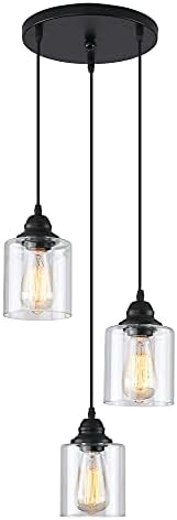 3 Lights Industrial Pendant Light with Glass Shade Matte Black Pe...