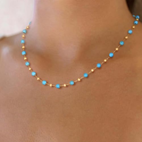 Turquoise Jewelry for Women - 14K Gold Plated Turquoise Necklace for Women Colorful Beaded Necklaces Summer Beach Boho Choker Bead Gift4