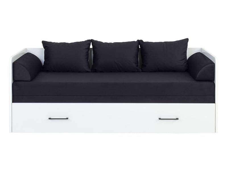 PEGANE Lit, canapé Convertible 80-160x200 cm Coloris Blanc Brillant avec Coffre de Rangement, Matelas et 3 oreillers Noir - Longueur 200,5 x Profondeur 79/154 x Hauteur...