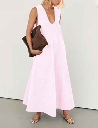 Image of Women Flowy Maxi Dress Ruched Sleeveless Long Dress Vacation Fashion Summer Casual Loose Fit Sundress with Pockets