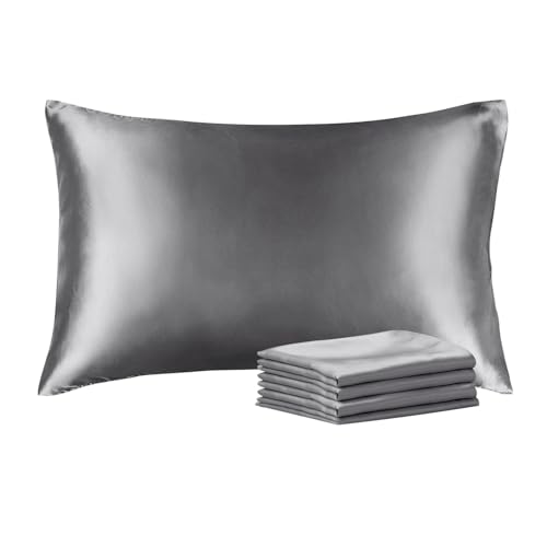 BEDELITE Satin Pillowcase with Zipper 4 Pack, Dark Grey Pillow Cases Queen Size, Super Soft and Cooling Similar to Silk Pillow Cases, Gift for Women Men(20x30 Inches)