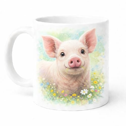Brew Crew Gifts Pig Watercolour Mug, White Ceramic, 11 oz, Dishwasher Safe, Microwave Safe Farmyard Theme