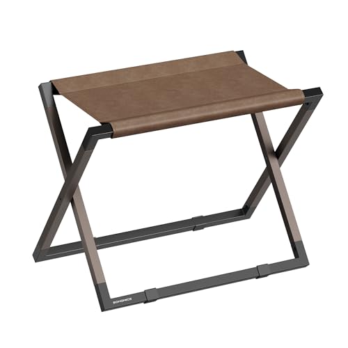 SONGMICS Luggage Rack, Foldable Suitcase Stand, Metal Luggage Holder, Synthetic Leather, Easy to Assemble, for Guest Room, Hotel, Bedroom, Walnut Brown and Ink Black URLR009K01