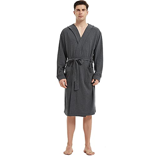 HOLOVE Men's Pure Cotton Bathrobe Lightweight Kimono and Hooded Spa Robes Soft Sleepwear2