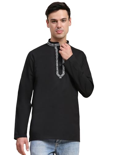 SKAVIJ Mens Embroidered Short Kurta Shirt – Long Sleeve Mandarin