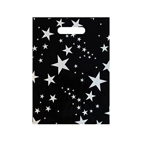 Infinite Pack Large 9"x12"(500pcs) Silver Stars Printed on Black Merchandise Bag, Retail Shopping Bags for Boutique, 1.25 Mil Reusable Plastic Bags Cover