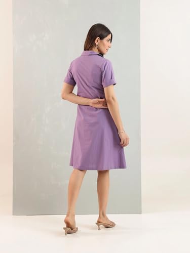 Image of Amazon Brand - INKAST Women Wide Collared Solid A -line Bottuned Mini Dress with Pockets | Summer Outfits | 100% Cotton | Casual Wear | One Piece