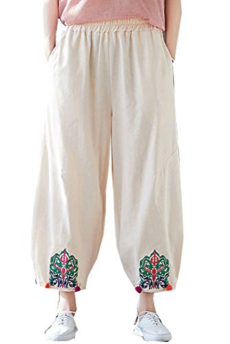 Minibee Women's Linen Cropped Pants Wide Leg Tapered Ankle Capris Trousers with Pockets Beige