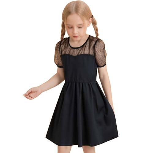 Black Girl Dress Formal Contrast Mesh Short Sleeve Polka Dots A Line Casual Party Dress 6-11Y