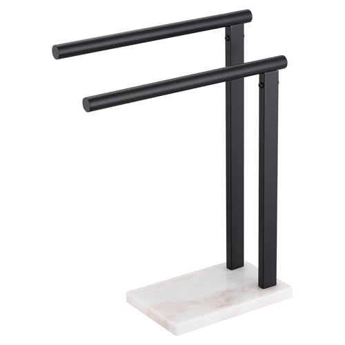 Image of KOKOSIRI Hand Towel Racks Stand Towel Holder 2-Tier with Marble Base for Bathroom Vanity Countertop, Matte Black Stainless Steel 15.7'' Height THS0007-BK