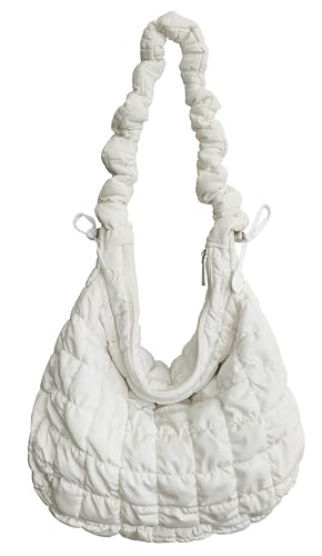 Sacola acolchoada para mulheres, bolsa acolchoada leve, bolsa de ombro Hobo, bolsa de mão, bolsa de mão com zíper 2025, Alça branca ajustável, One Size