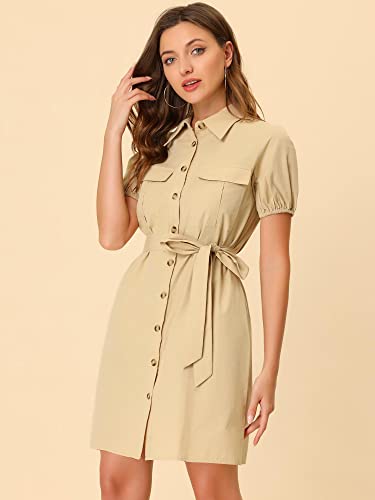 Image of Allegra K Women's Safari Dress Collared Short Sleeve Cotton Belted Button Down Shirt Dresses