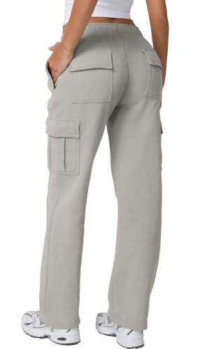 Image of QINSEN Baggy Medium Waist Elastic Sweatpants for Womens Casual Long Fleece Cargo Pants with Pockets