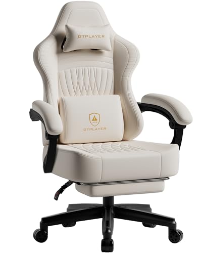 Image of GTPLAYER Gaming Chair, Video Game Chairs with Footrest, PC Gamer Chairs for Adults - Padded High Back Ergonomic Reclining Silla Gamer, Linkage Armrest, Ace Pro, Ivory