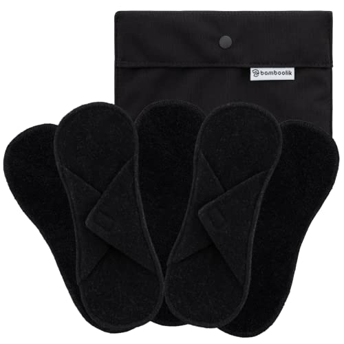 Bamboolik Salvaslips lavable | rizo de algodón orgánico | cierre de velcro | juego de 5 – negro + mini bolsa de humedad negra | reutilizable