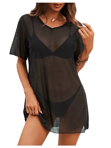 SweatyRocks Women's Sheer Mesh Short Sleeve Cover Ups Round Neck Summer Loose Beachwear Shirt