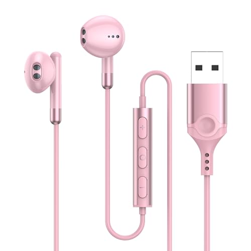 イヤホン マイク USB 有線 ヘッドセット 【2.3m】 マイク付きイヤホン 通話可能 音量調節 HIFI音質 テレワーク WEB会議 Zoom パソコン用 ゲーミング イヤホン USB-A ポート搭載のデスクトップ、コンピュータ、PC、ラップトップなどに対応 (ピンク)